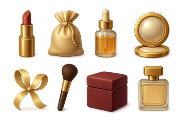 3D icon set of luxury cosmetics: gold case lipstick, silk pouch, glass serum bottle, pearl compact, satin ribbon, premium brush, velvet box, luxury perfume. 3d icon. Isolated