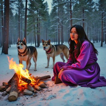 woman with dogs by fire in winter