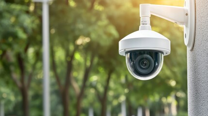 Security surveillance camera mounted on wall outdoors monitoring outdoor environment in daylight for security and safety purposes.