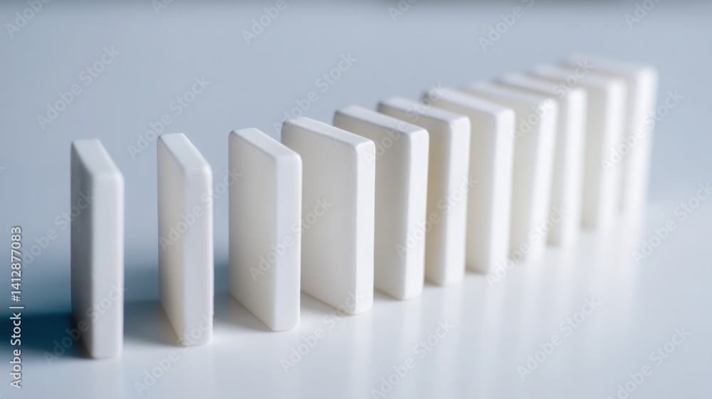 Poster a row of white plastic blocks arranged in a straight line representing the concept of cause and effe