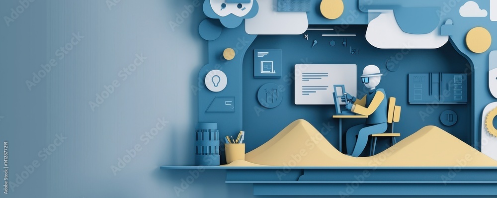Poster a stylized illustration of a person working at a computer, surrounded by creative elements like clou