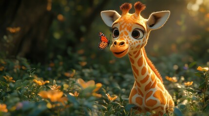 Adorable baby giraffe in a lush garden, watching a butterfly.