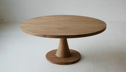 a warm-toned, round wooden pedestal table stands prominently against a soft, neutral-colored floor.