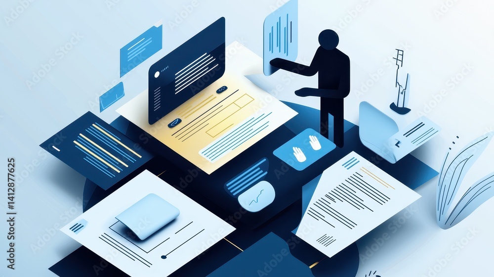 Aufkleber a digital illustration featuring a figure interacting with documents and data in a modern, abstract 