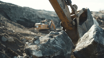 Fototapeta premium Excavator operator moving large rocks at a mining site. Featuring excavation and rock transport