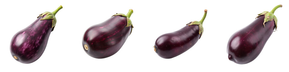 Collection of Fresh Purple Eggplants Isolated on Light Background