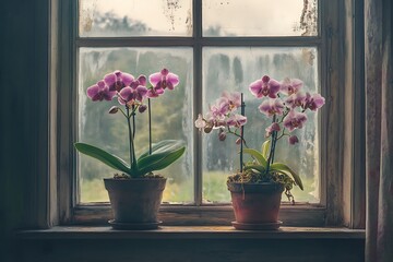 Two pots of orchids placed on a window sill with a view of nature