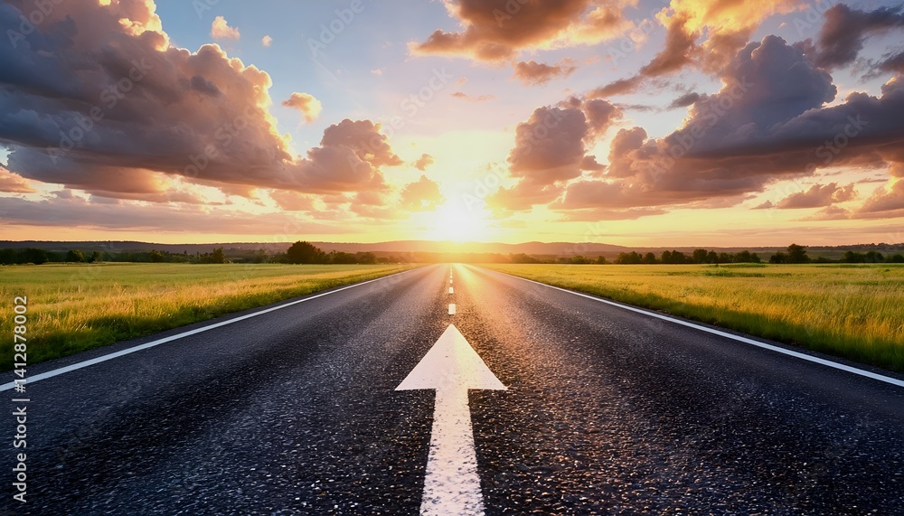 Poster a long, empty highway stretches toward a vibrant sunset with a single white arrow pointing the way f