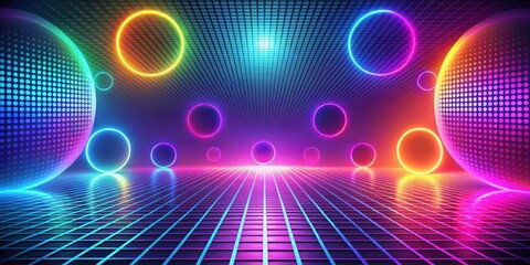 Abstract vibrant neon grid landscape with glowing orbs and circles