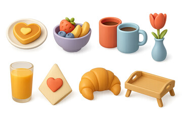 3D icon set of romantic surprises: hidden gift, breakfast tray, drawn heart, red envelope, soft toy, romantic playlist, handwritten poem, balloons. 3d icon. Isolated