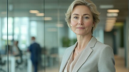 Fototapeta premium A confident middle-aged woman stands in a modern office, embodying professionalism and success. She radiates elegance and leadership qualities.