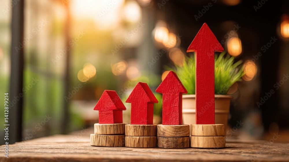 Poster wooden block with red arrow on top signifying growth indicator and positive direction in business an