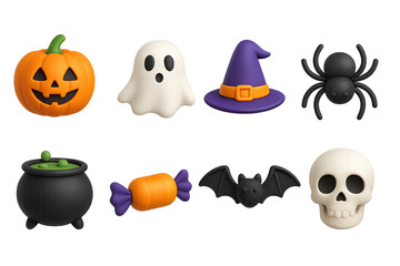 3D icon set of Halloween fun: pumpkin, ghost, witch hat, spider, cauldron, candy, bat, skull. 3d icon. Isolated