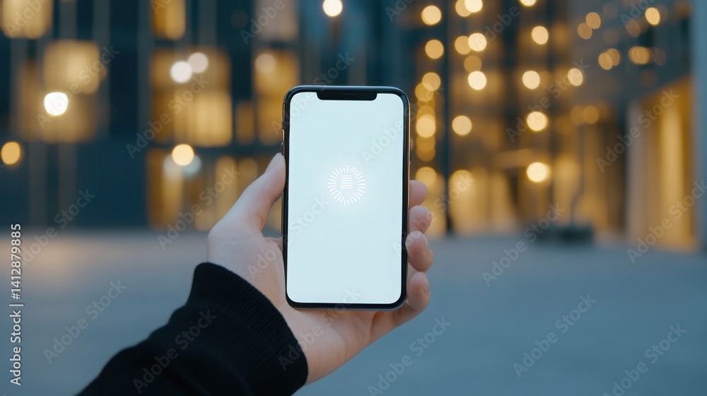 Poster smartphone in hand showing digital login screen with password, sms code entry, and fingerprint icon