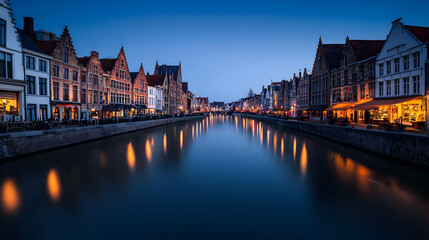 Fototapeta premium Canal Cityscape At Twilight With Reflections