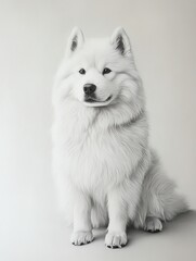 Sitting White Samoyed Dog with Fluffy Fur Against Neutral Background
