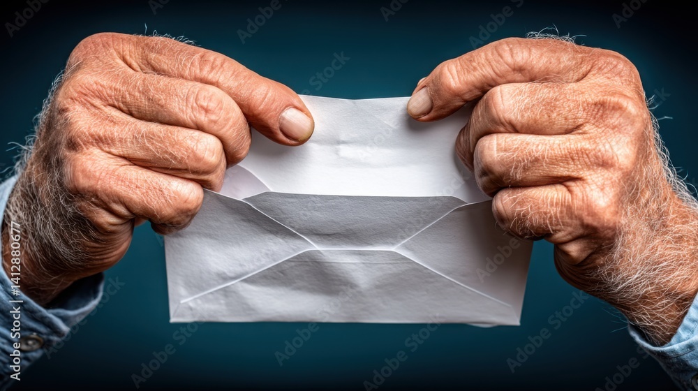 Poster a man's hands holding a paper airplane above an open folder symbolizing anticipation and input await