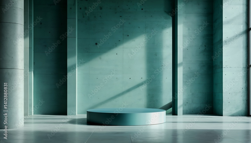 Poster a minimalist teal concrete room features a circular platform illuminated by soft sunlight casting sh