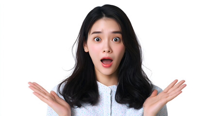 両手を広げて驚く表情の日本人女性