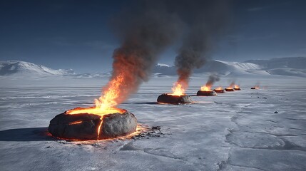 A surreal landscape featuring volcanic vents emitting smoke and flames on icy terrain.
