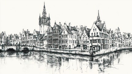 Fototapeta premium Black and white sketch of European city with canal reflections