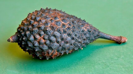 Exotic spiky fruit close-up on a green backdrop, showcasing nature's textures
