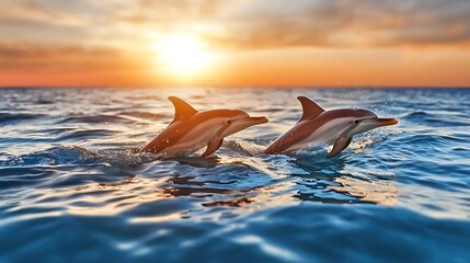 Fototapeta premium Two dolphins leaping together in the ocean at sunset, creating a serene and beautiful scene