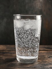 Refreshing Glass of Sparkling Water with Ice on Rustic Wooden Table