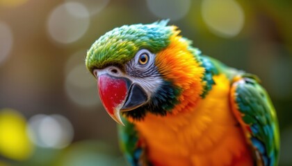 close up photograph of a colorful parrot, vivid plumage, looking directly at the camera, full body in view, shallow depth of field creating a bokeh effect, warm, soft light from an overhead source