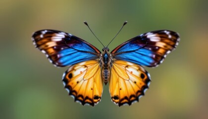 Fototapeta premium a close up of a colorful single butterfly, delicate wings, facing the camera, full view visible, centered composition, shallow depth of field, bokeh background, high detail, soft lighting