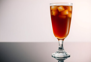 glass filled with liquid and ice cubes