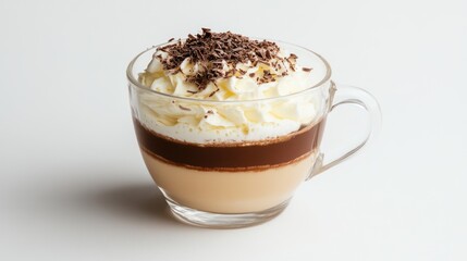 Layers of coffee dessert in a glass cup on a white background.  Possible use Food photography, recipe inspiration