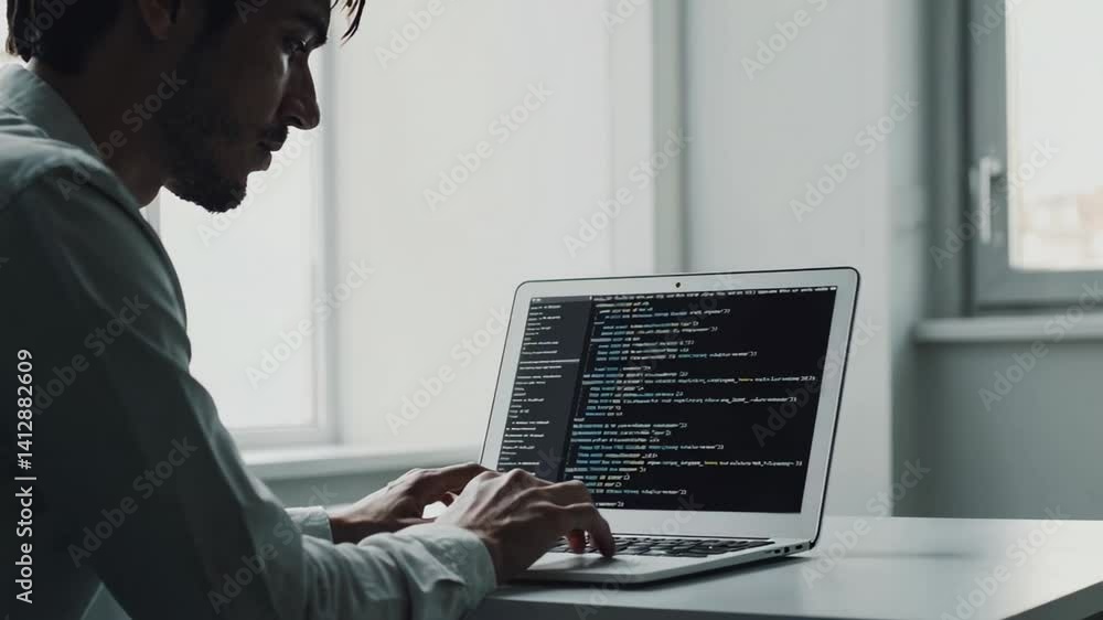 Poster skilled software developer meticulously writes code on his laptop, demonstrating concentration and e