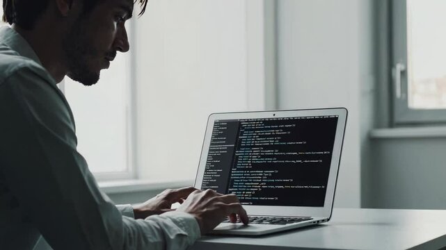 Skilled software developer meticulously writes code on his laptop, demonstrating concentration and expertise in a well lit office environment