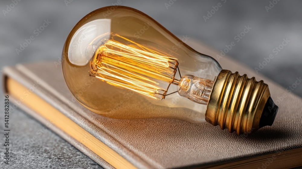 Poster inspiring light bulb resting on a notebook symbolizing the process of sketching ideas and creative t