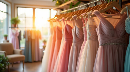 Collection of evening dresses hanging on a hanger in the sunlight in a fashion store
