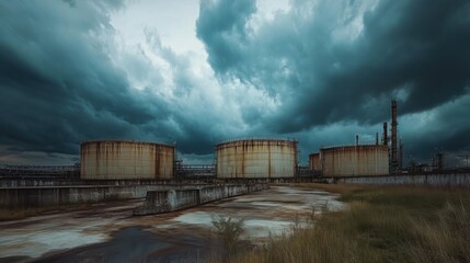 Fototapeta premium Wide-angle view of massive oil storage tanks in a modern oil and gas refinery industrial zone under a dramatic sky, showing infrastructure and pipelines