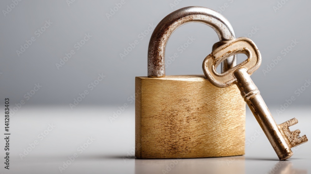 Poster close-up view of a padlock and key representing security and access solutions for conceptual imagery