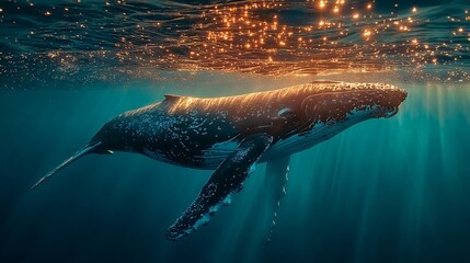 Majestic Humpback Whale Swimming in Sunlit Ocean Waters