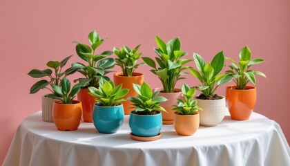 a studio shot of a collection of colorful potted plants, each with its own unique design and color scheme