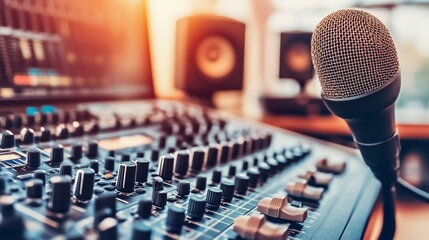 Professional audio equipment setup: Microphone and mixing console in studio