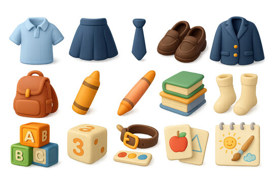 3d school essentials icon set: uniforms, supplies, and accessories