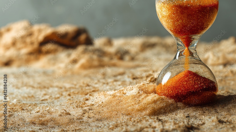 Poster minimal hourglass with red sand representing a paused timeline and the concept of time management an