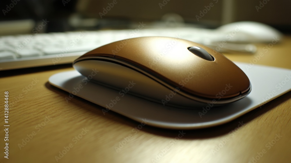 Poster computer mouse placed on a desk representing interface action with a clean design aesthetic on white