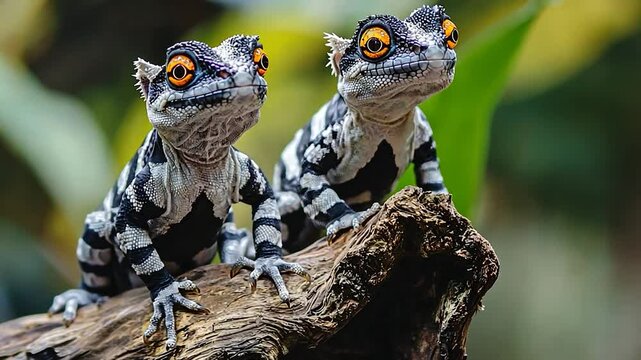 Two striped lizards perched on a log amidst vibrant green foliage in a natural setting