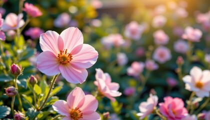 Fototapeta premium elegant flower petals in a watercolor style, using 10 hues of a pastel color palette and delicate gradients, organic forms of delicate blossoms, serene scene of a garden on a sunny morning