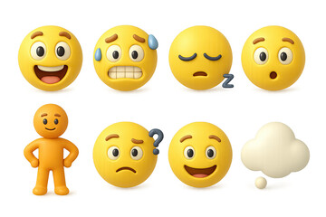 3D icon set of graduate emotions collage: laughing, crying, surprised, proud, nostalgic, excited, peaceful, hopeful. 3d icon. Isolated 