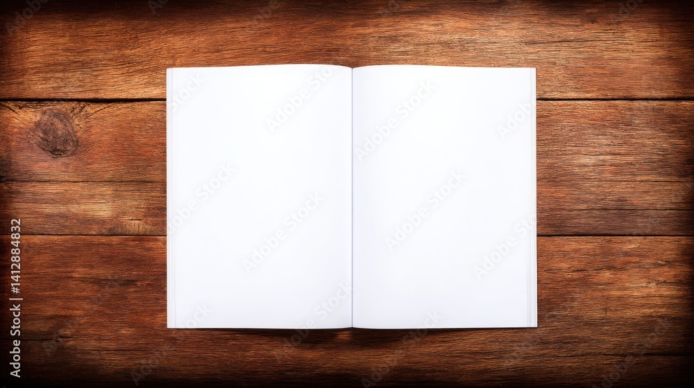 Poster open book resting on a wooden table signifying a new start and fresh ideas in a minimalist design ap
