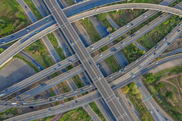 Aerial view of transport junction road with car movement, Transport industry concept.