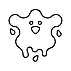 Fototapeta premium Cute black line icon of cartoon slime monster with face and droplets, fun spooky doodle for Halloween, stickers or children’s design